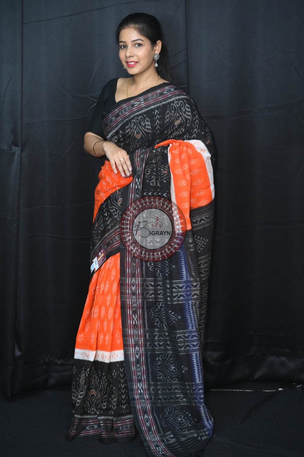 Orange White Black 5D Khandua Cotton Saree