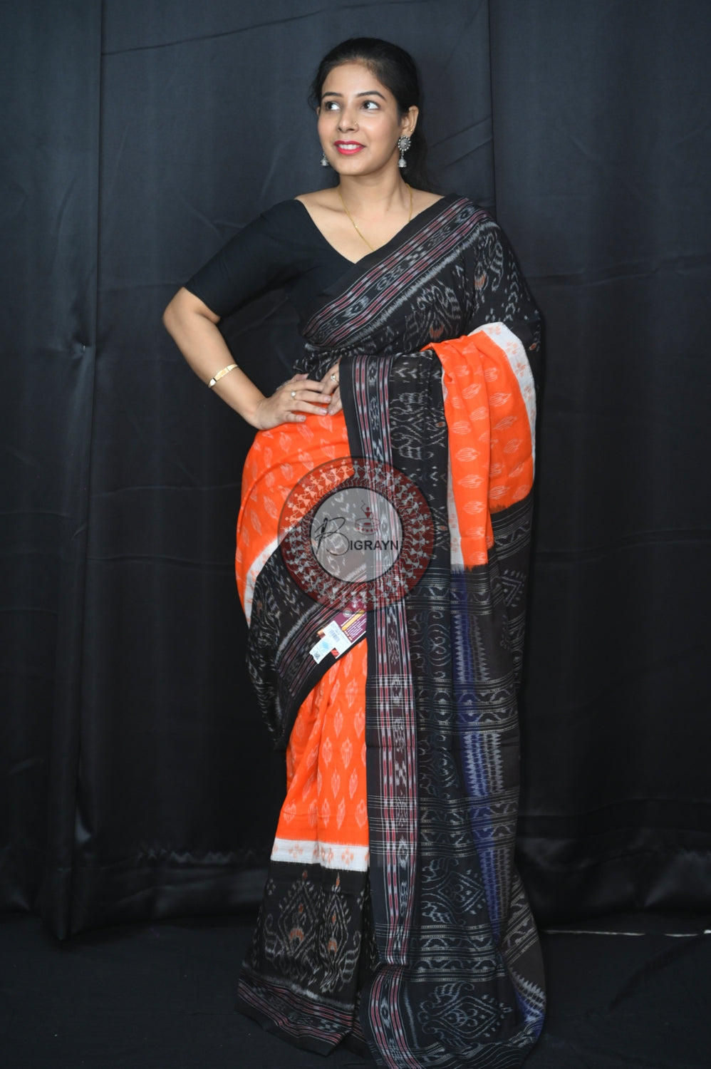 Orange White Black 5D Khandua Cotton Saree