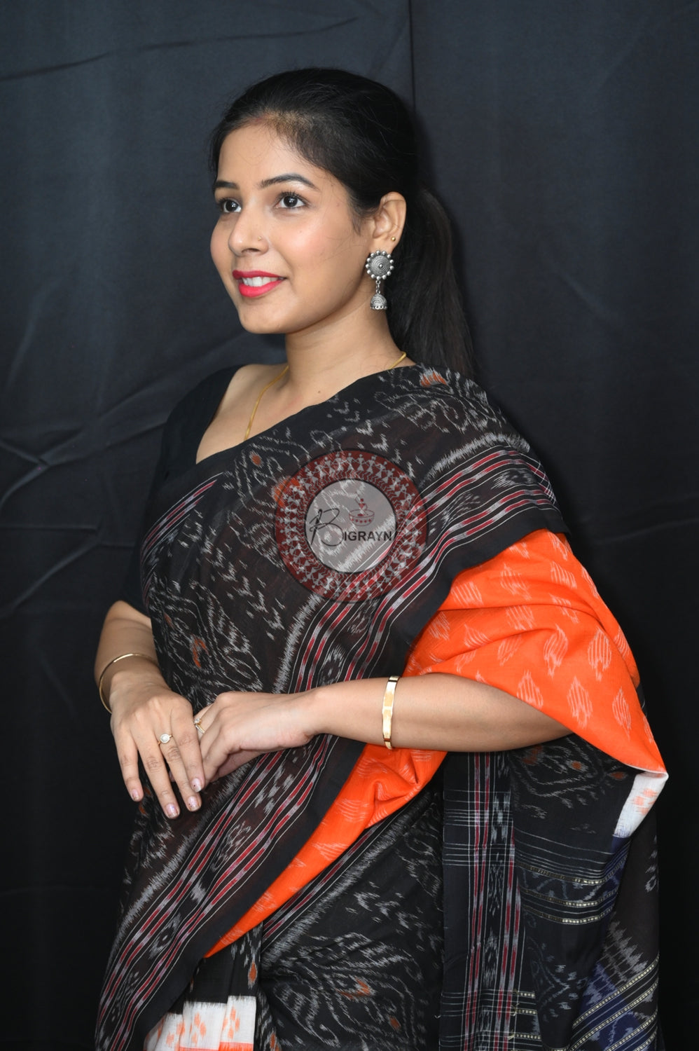 Orange White Black 5D Khandua Cotton Saree
