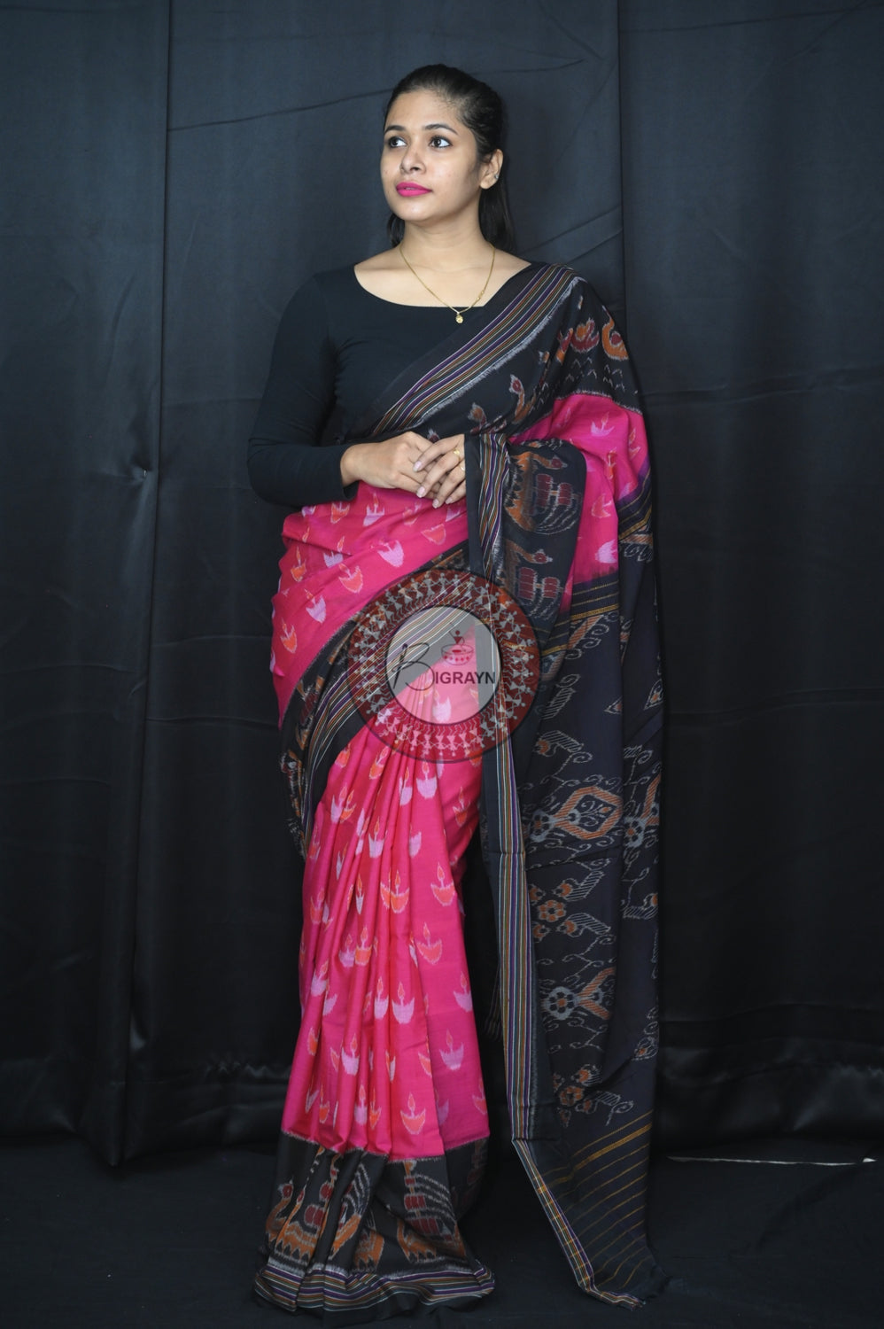 Pink Black Boita Khandua Cotton Saree