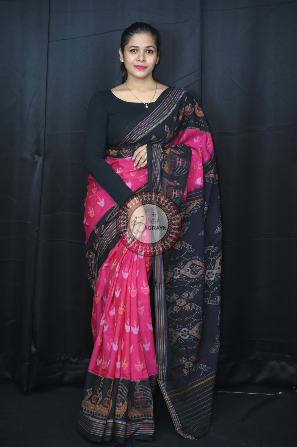 Pink Black Boita Khandua Cotton Saree