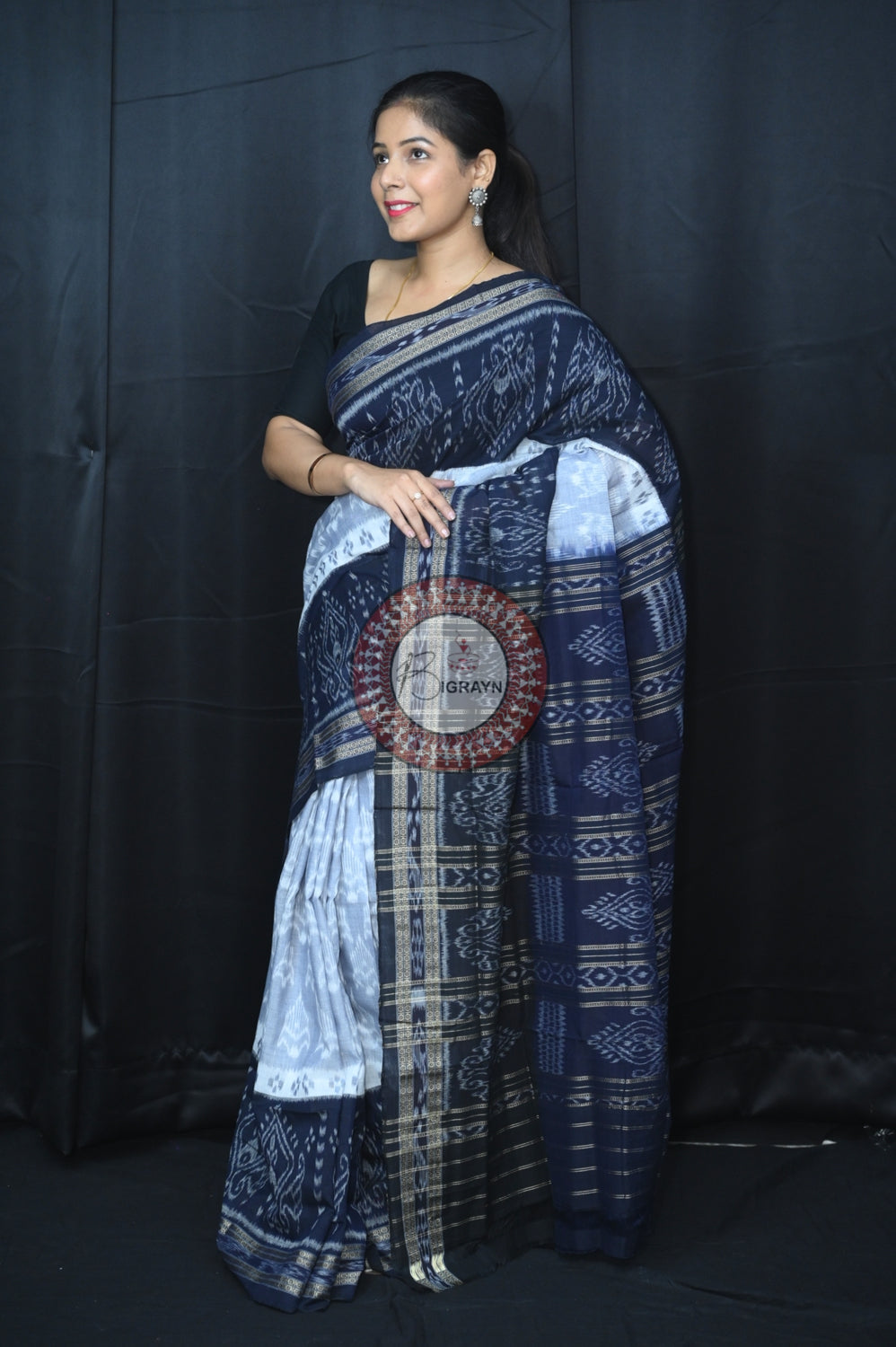 Grey Black 5D Khandua Cotton Saree