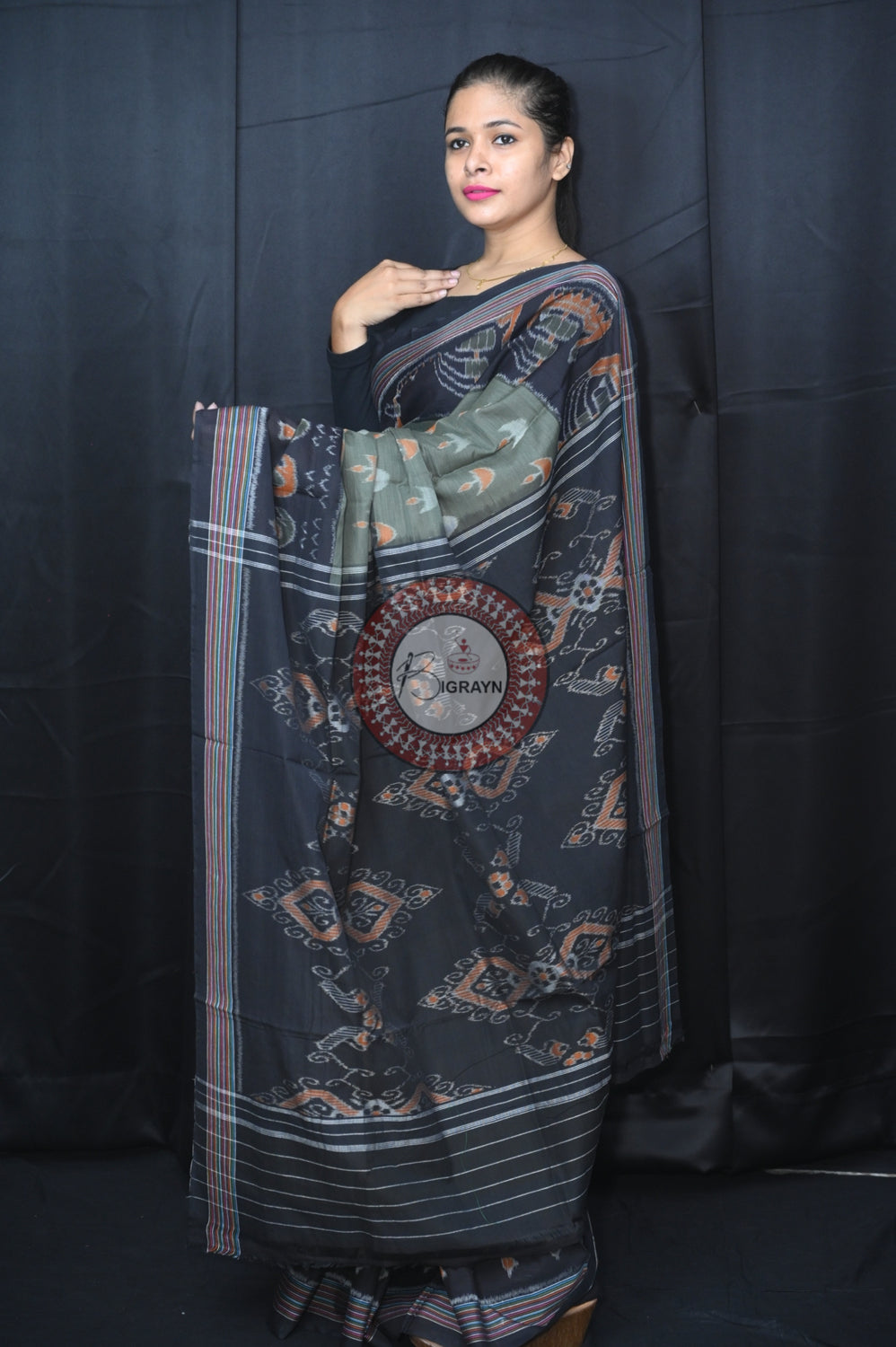 Mehndi Black Boita Khandua Cotton Saree