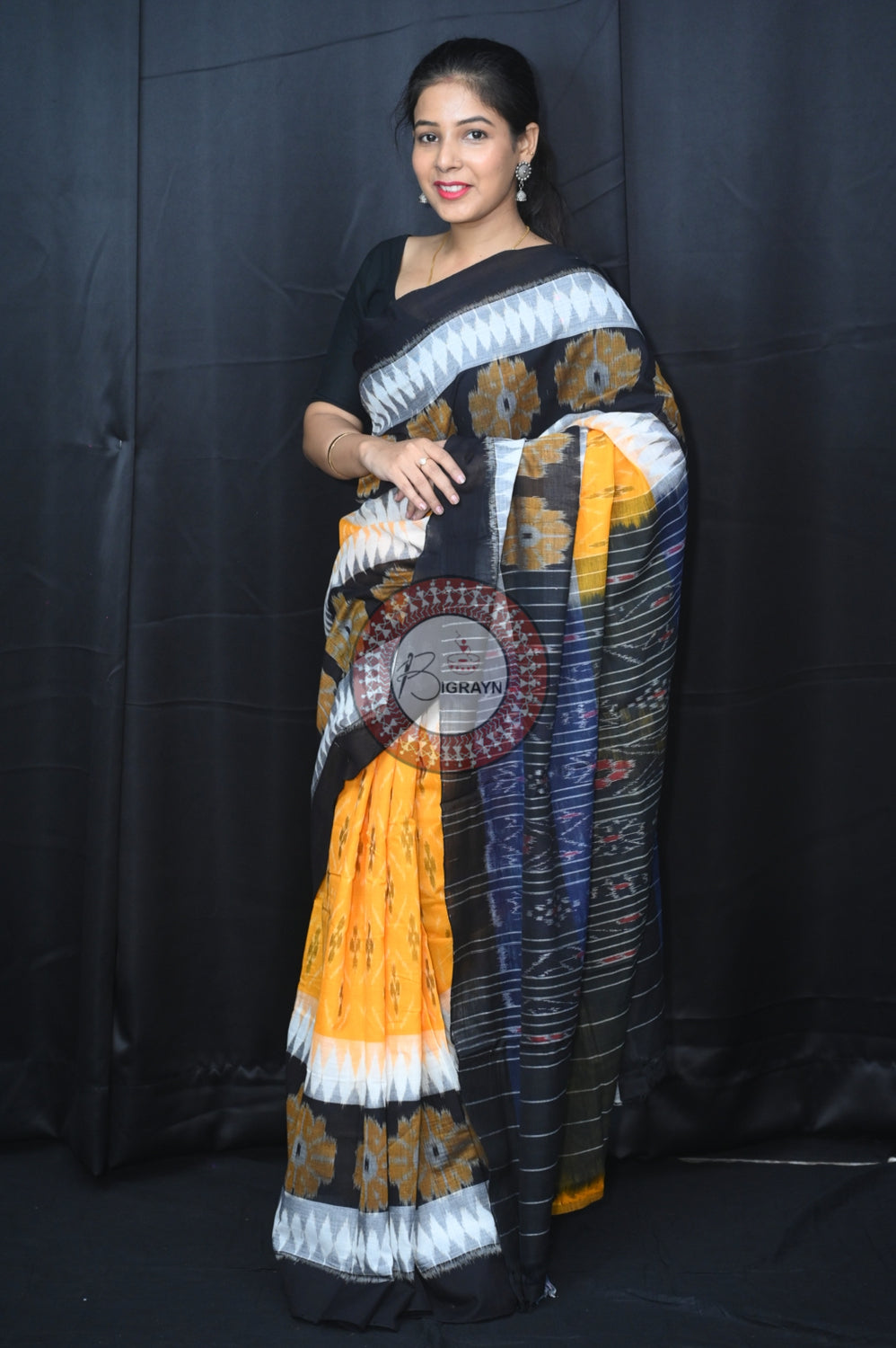 Yellow White Black 7D Khandua Cotton Saree