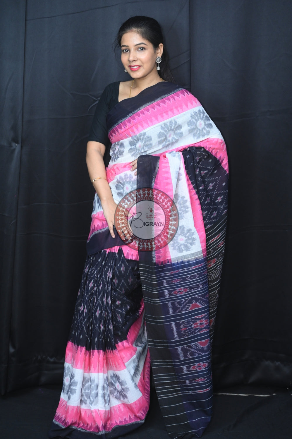Pink White Black 7D Khandua Cotton Saree