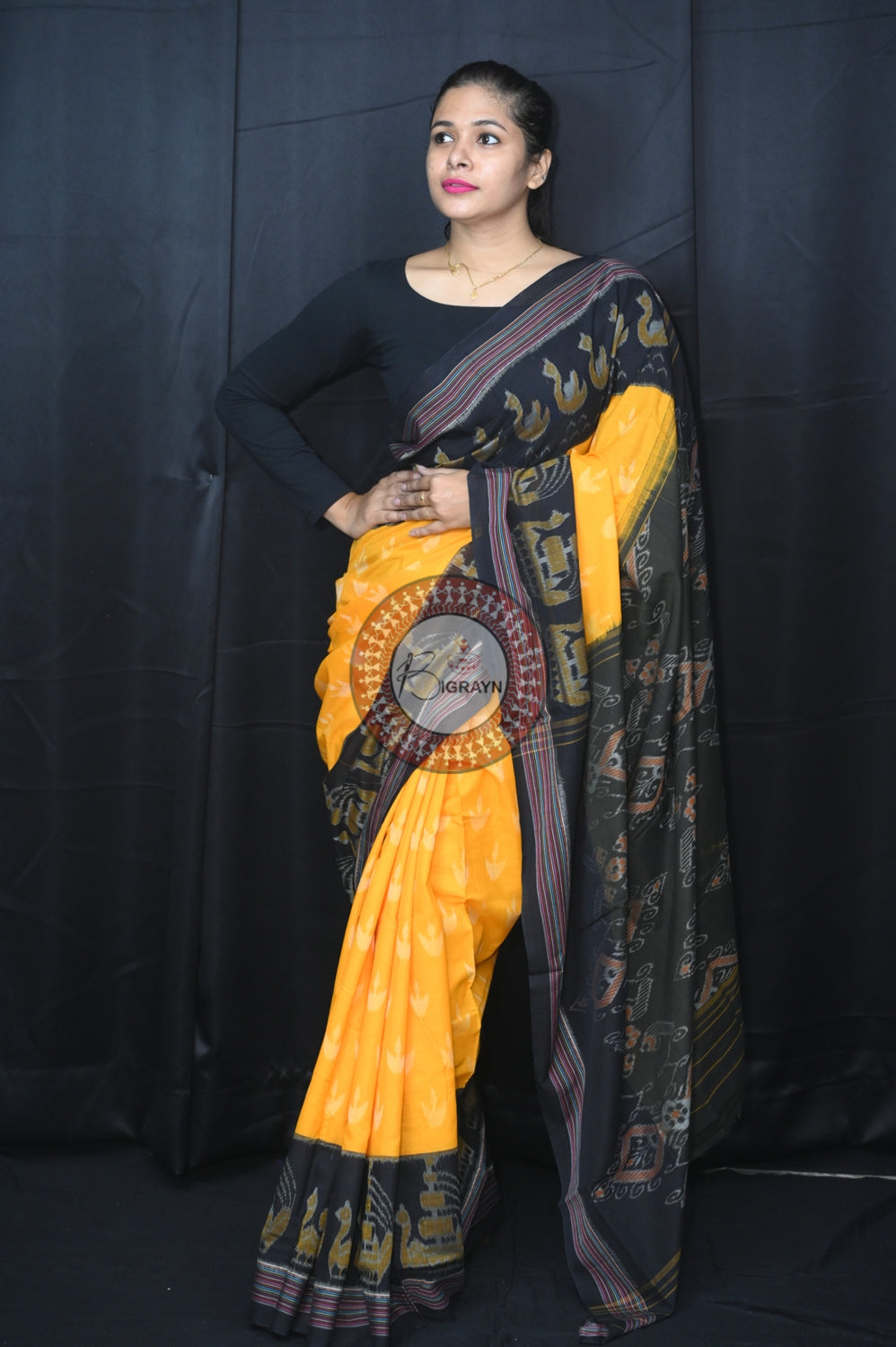 Yellow Black Boita Khandua Cotton Saree