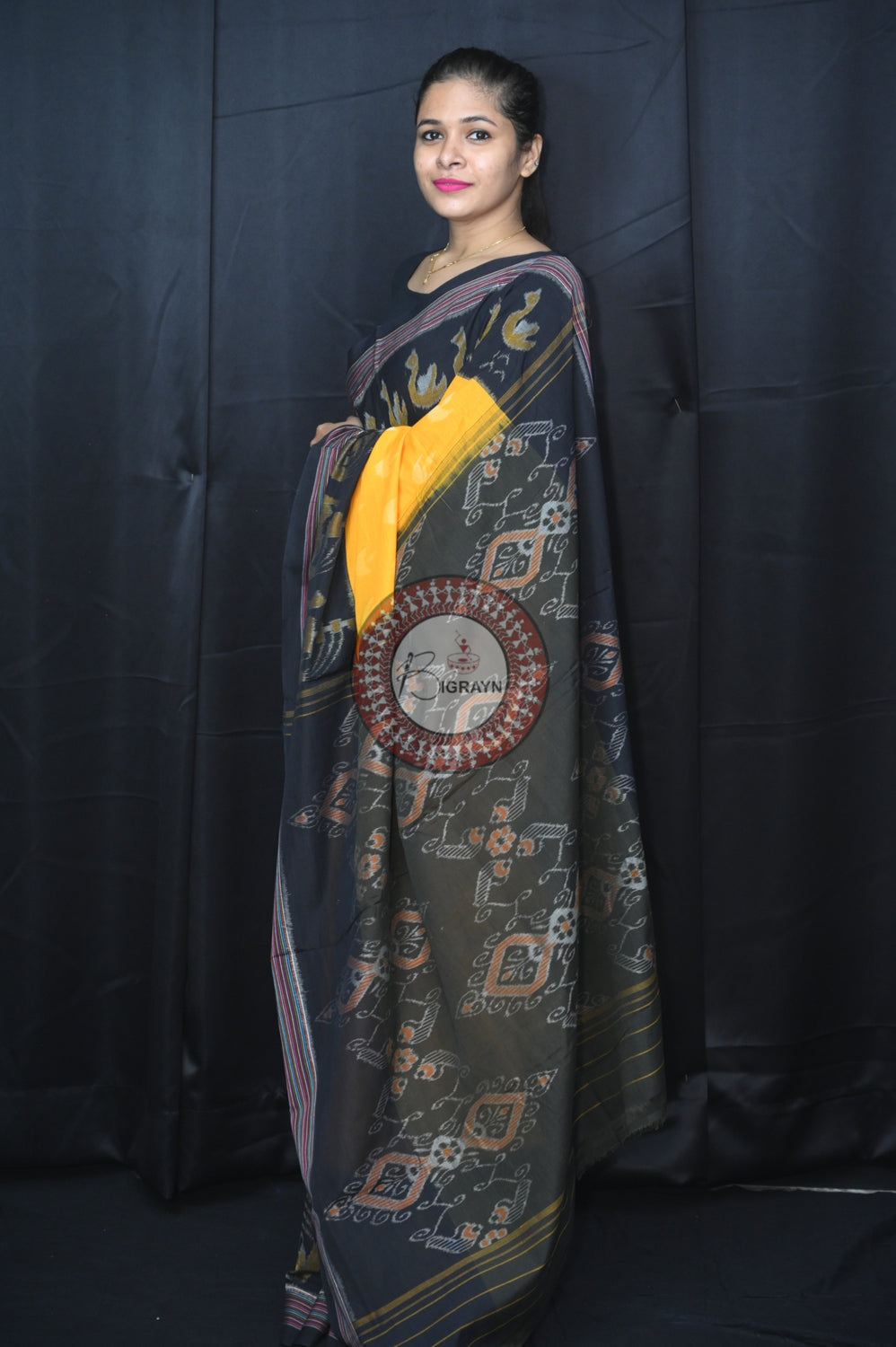 Yellow Black Boita Khandua Cotton Saree
