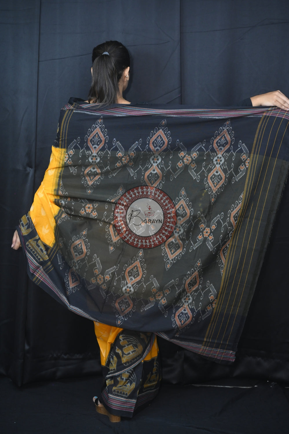Yellow Black Boita Khandua Cotton Saree