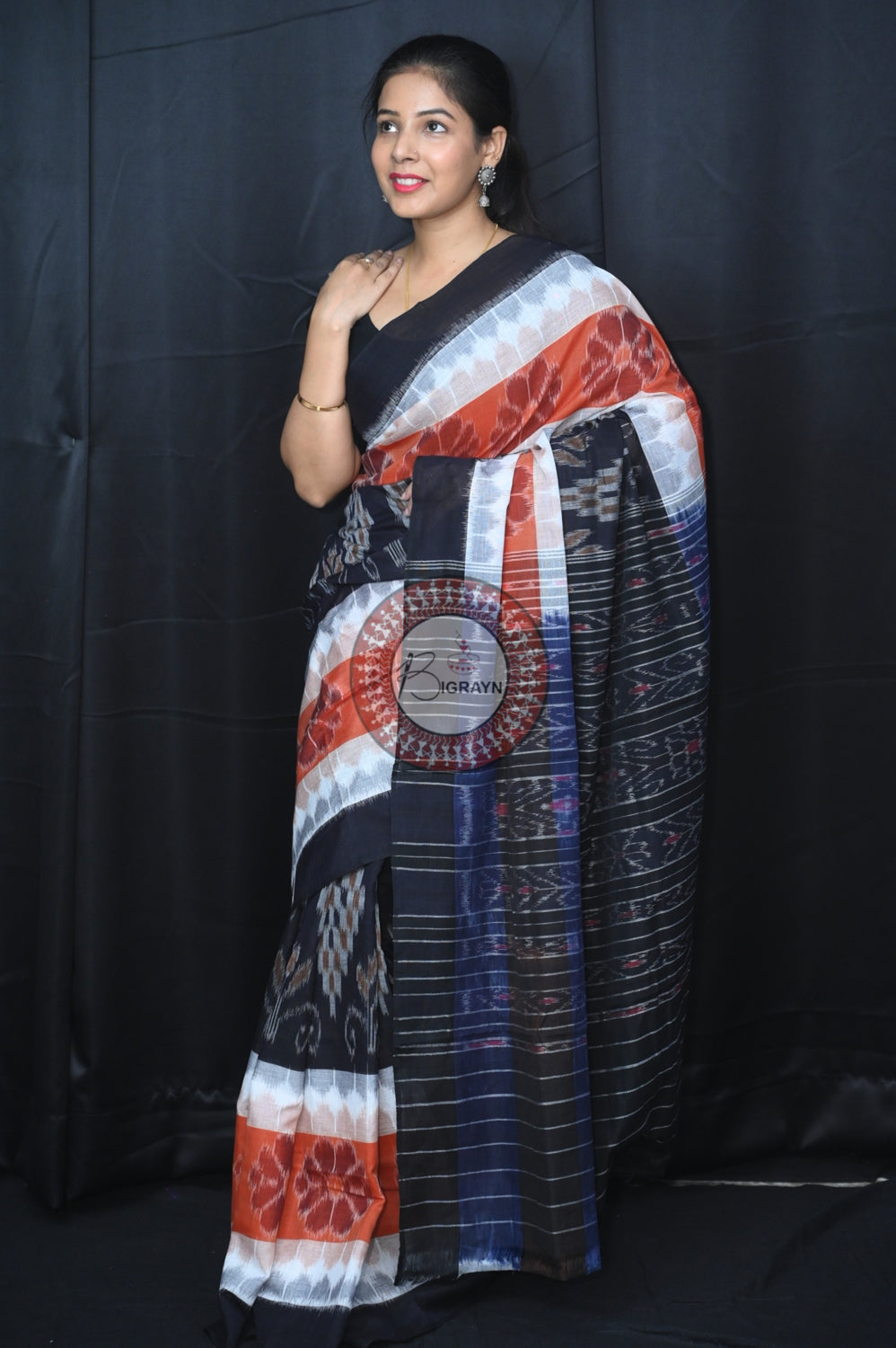 White Brown Black 7D Khandua Cotton Saree