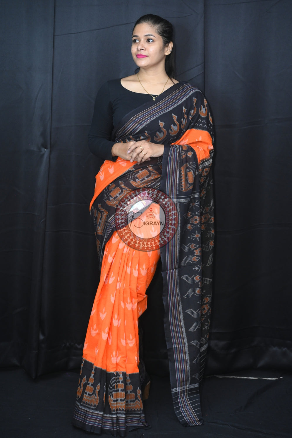 Orange Black Boita Khandua Cotton Saree