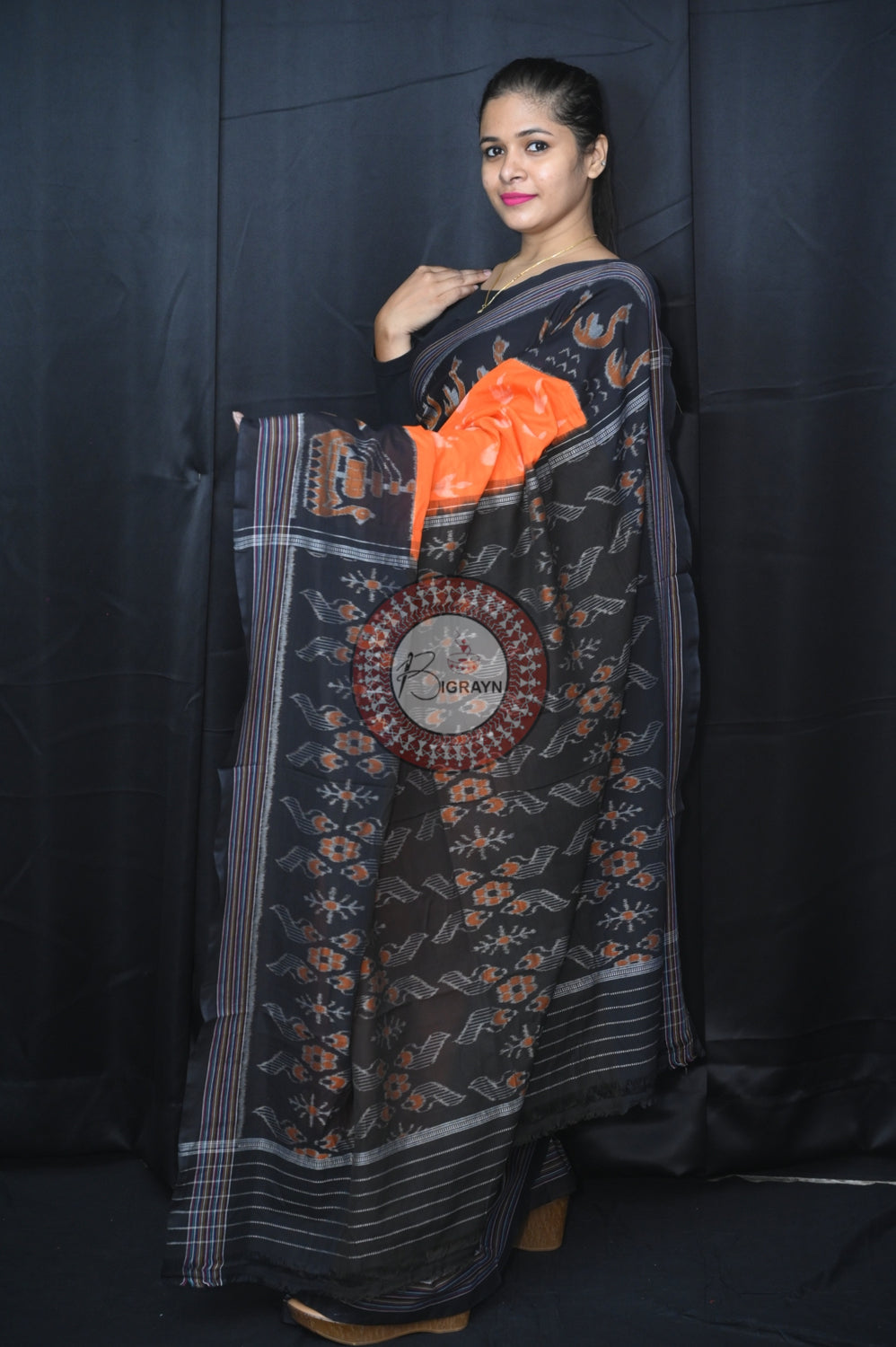 Orange Black Boita Khandua Cotton Saree