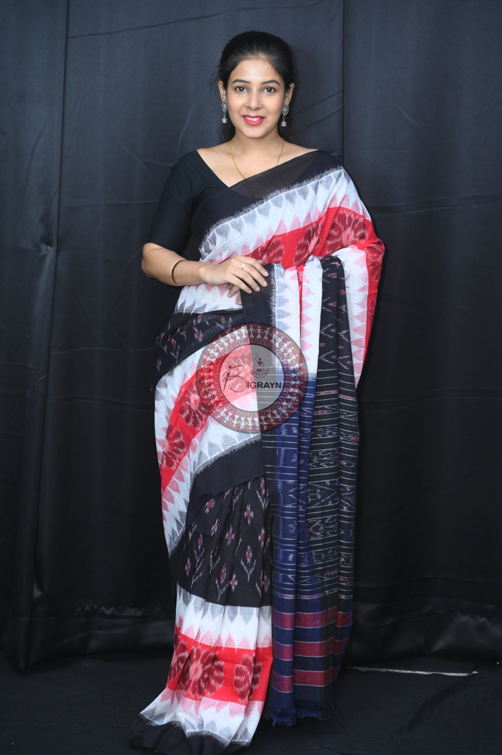 Red Black White 7D Khandua Cotton Saree