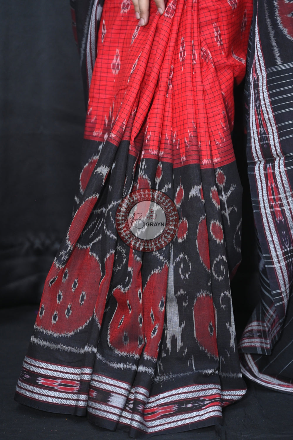 Red Black Peacock Scot Khandua Cotton Saree