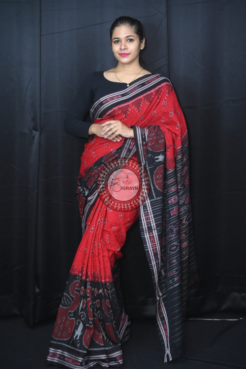 Red Black Peacock Scot Khandua Cotton Saree