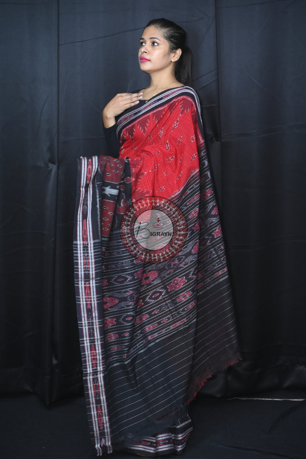 Red Black Peacock Scot Khandua Cotton Saree