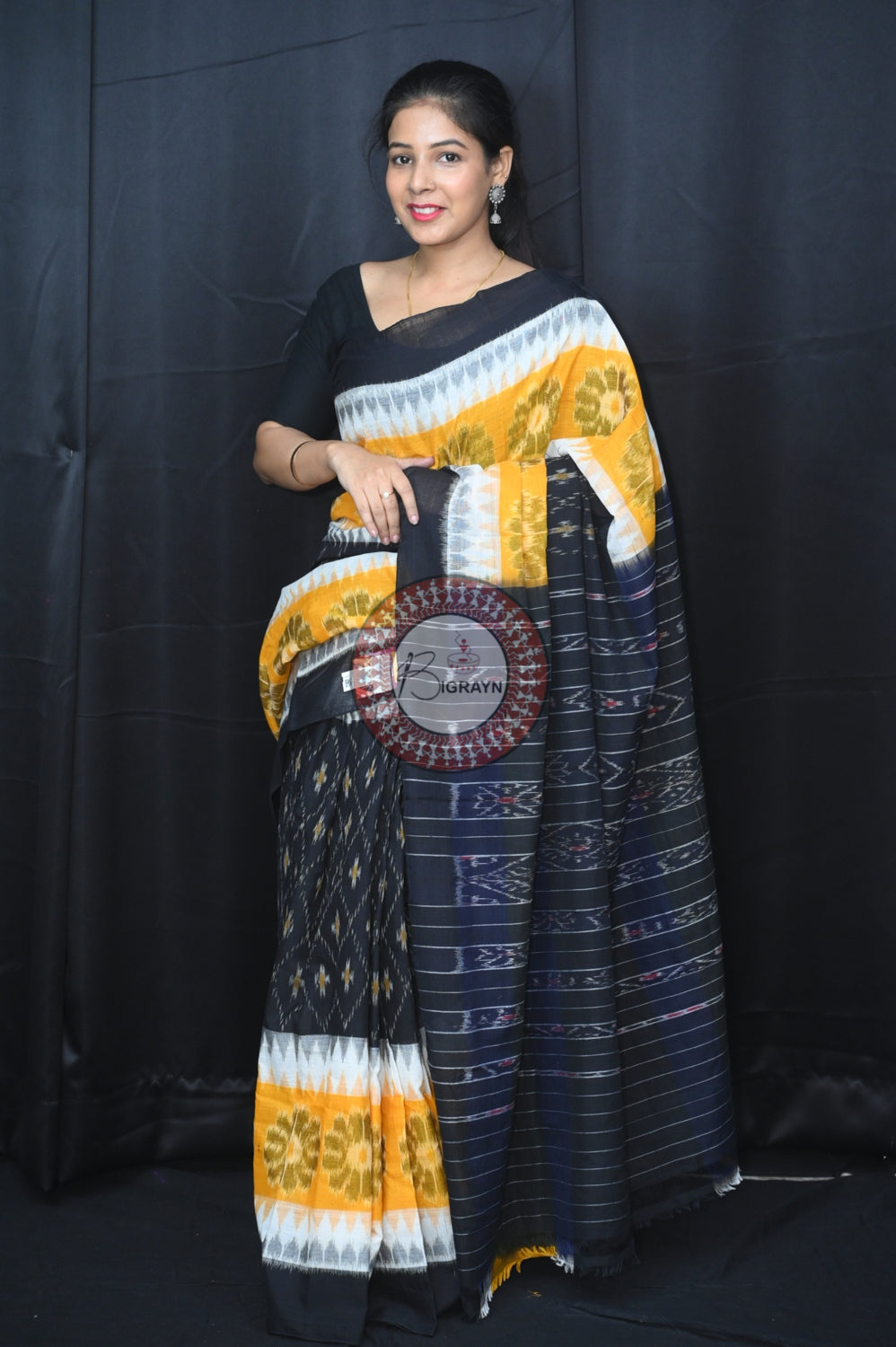 Yellow White Black 7D Khandua Cotton Saree