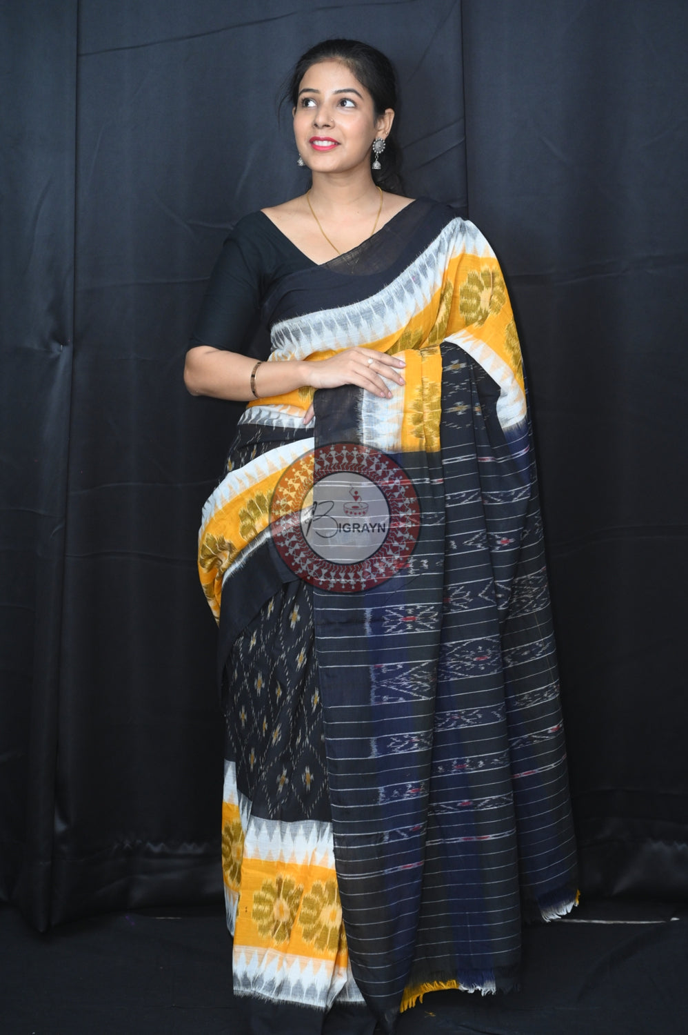 Yellow White Black 7D Khandua Cotton Saree
