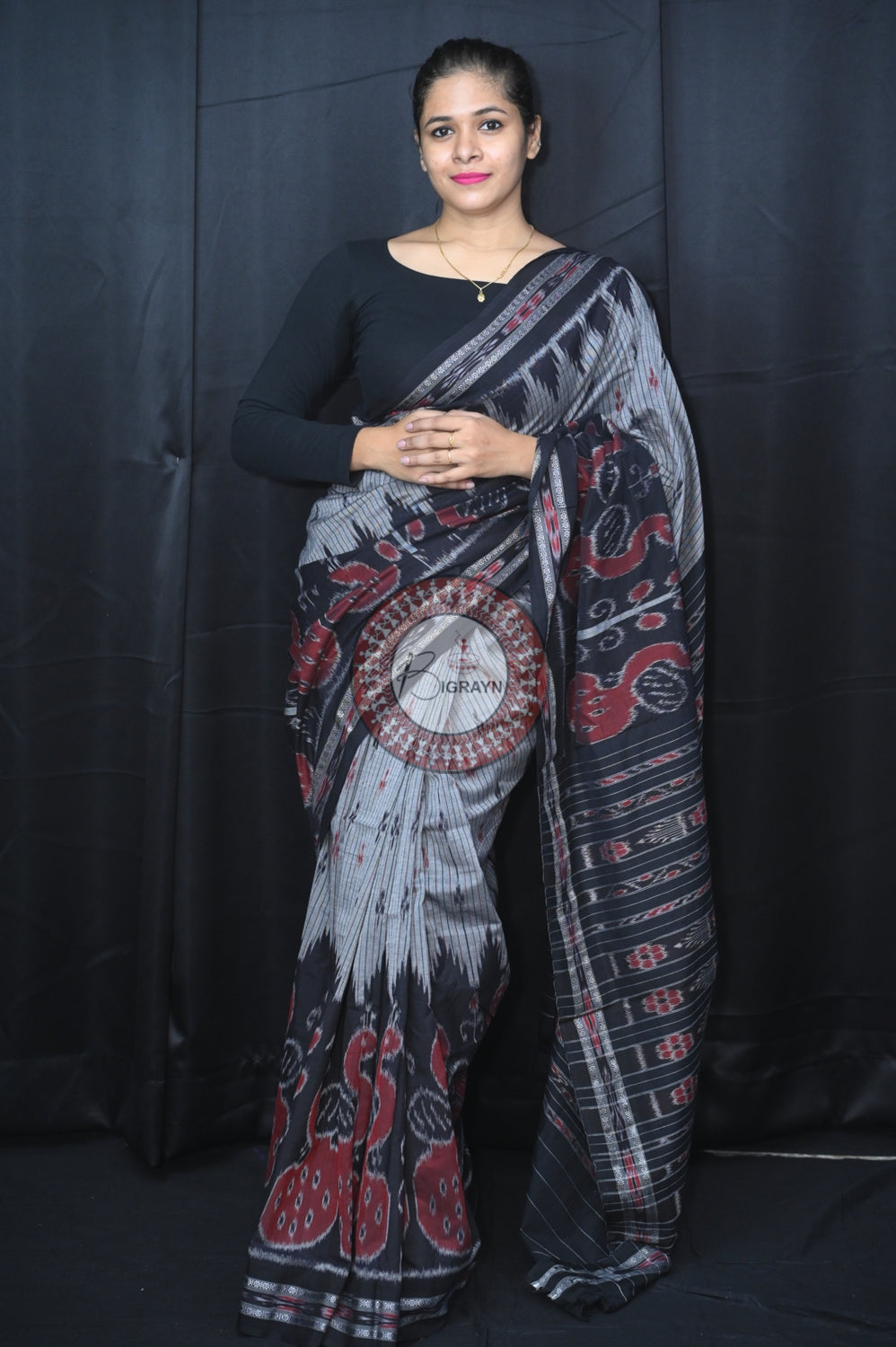Grey Black Peacock Scot Khandua Cotton Saree