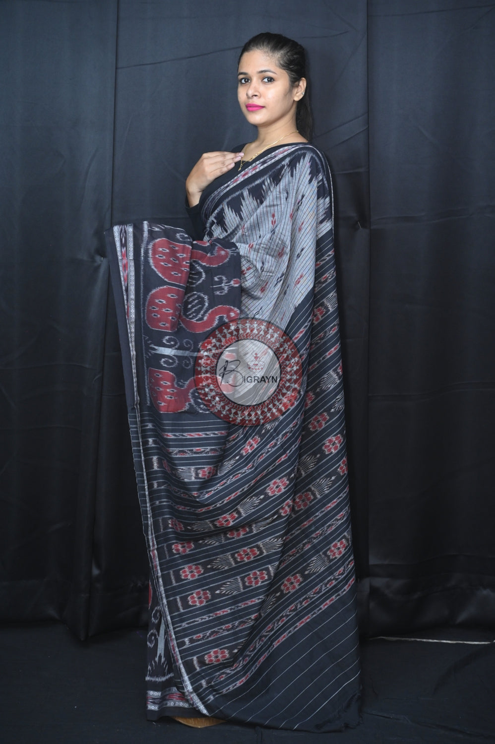 Grey Black Peacock Scot Khandua Cotton Saree