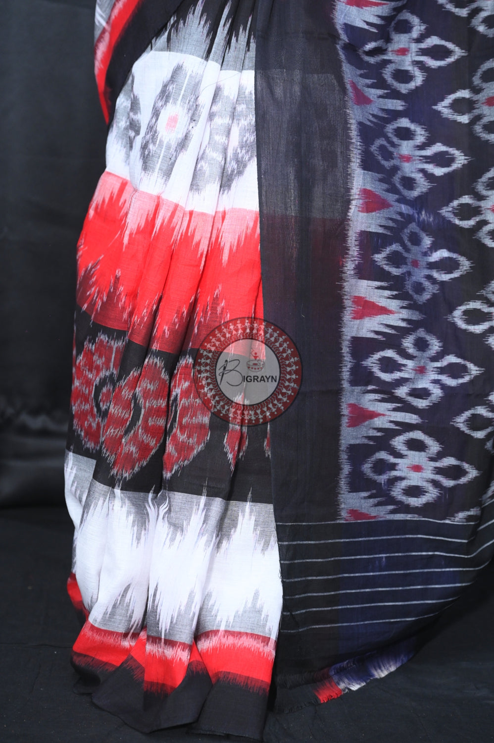 Red Black White Flower 7D Khandua Cotton Saree