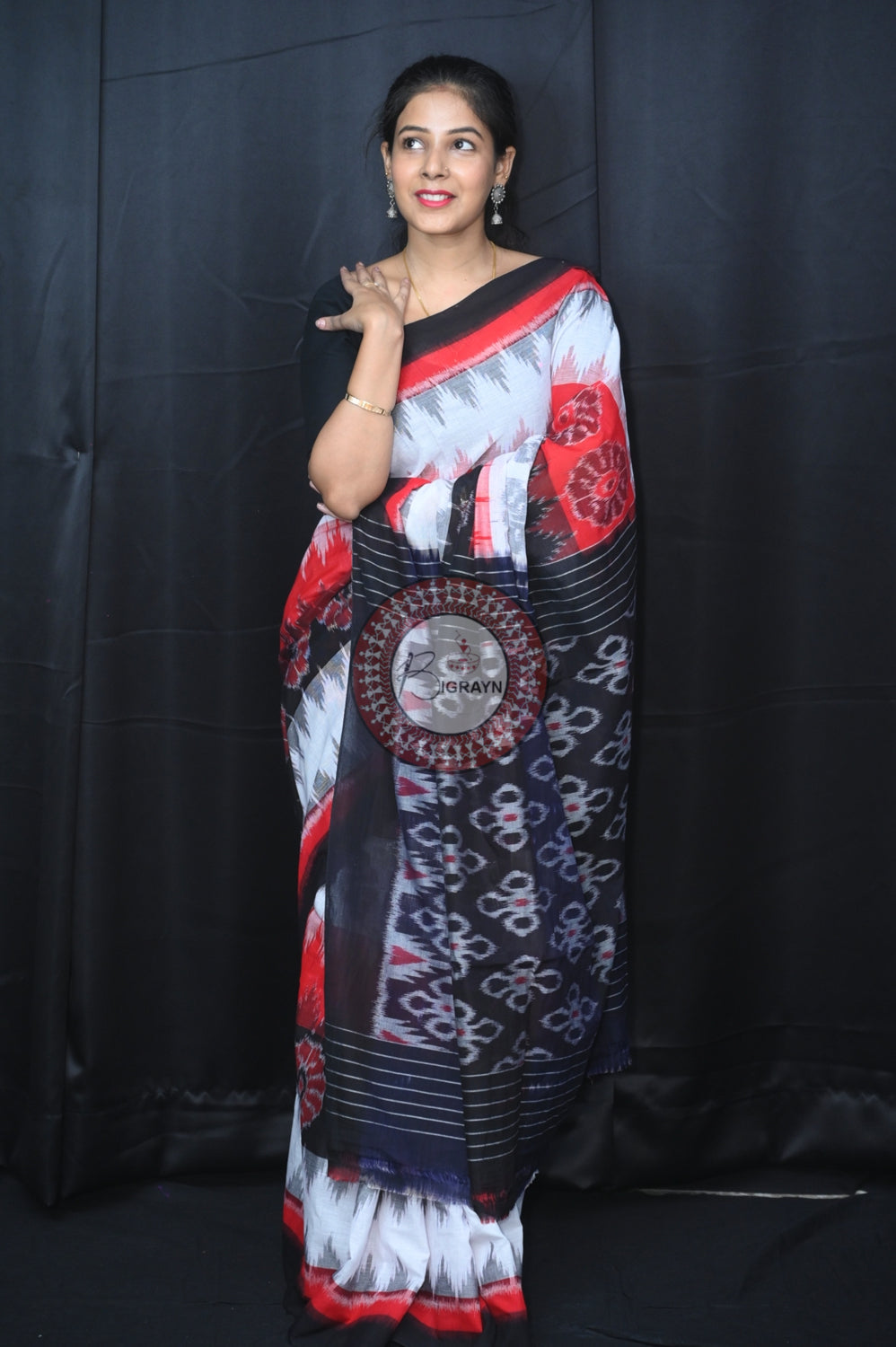 Red Black White Flower 7D Khandua Cotton Saree