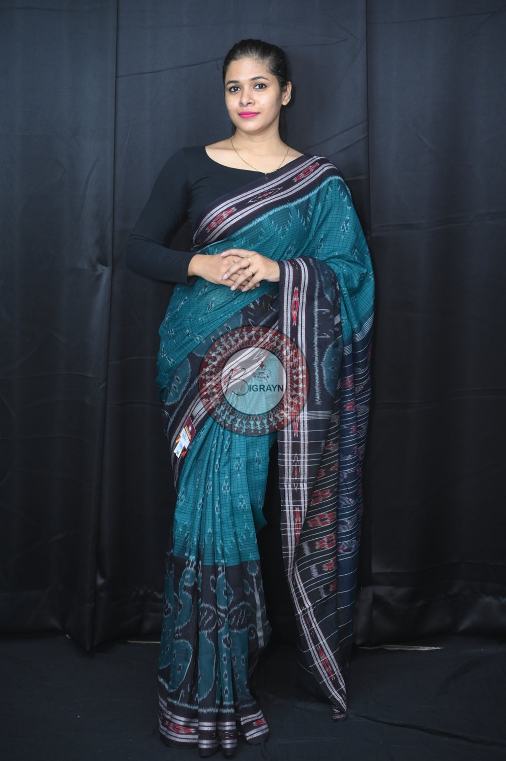 Green Black Peacock Scot Khandua Cotton Saree