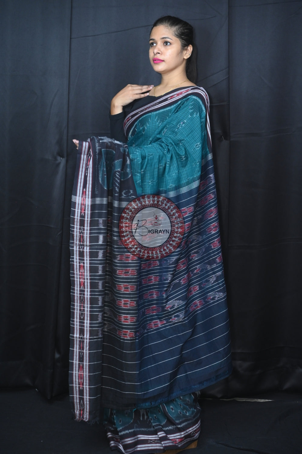 Green Black Peacock Scot Khandua Cotton Saree
