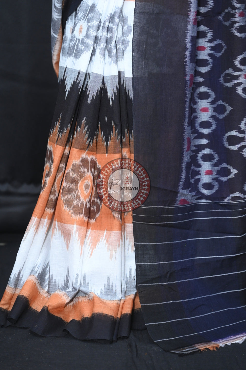 Brown Black White 7D Khandua Cotton Saree