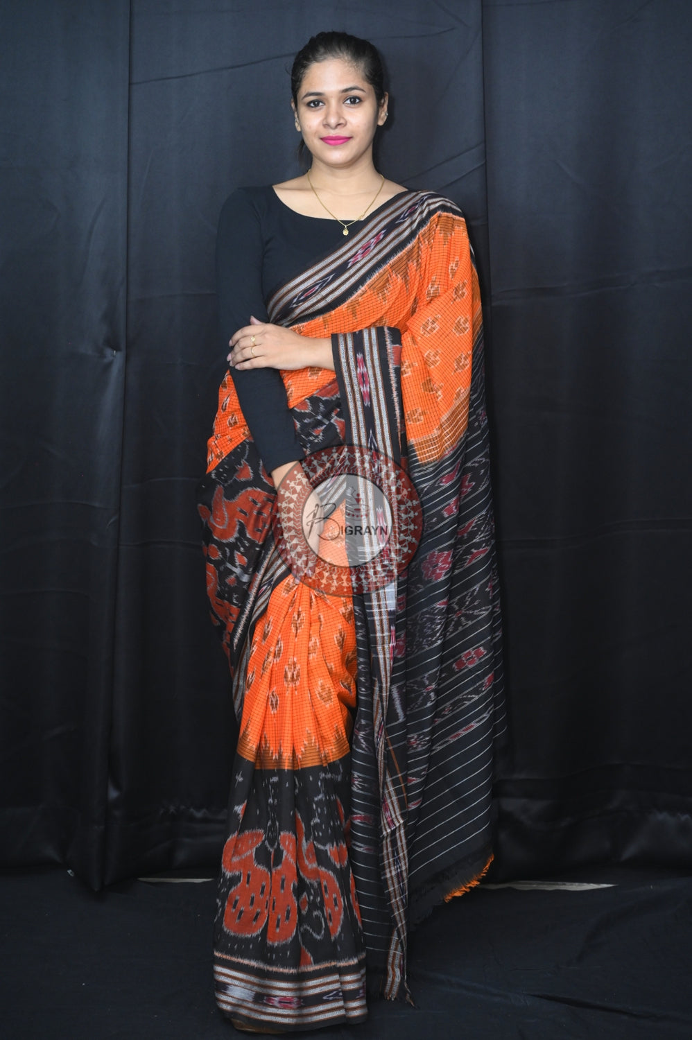 Orange Black Peacock Scot Khandua Cotton Saree