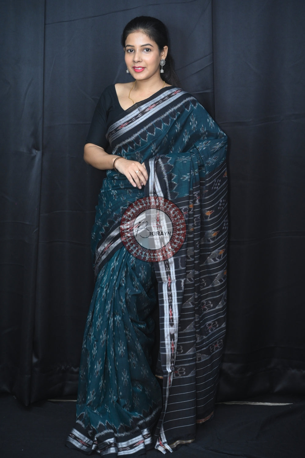 Green Black Body Bandha Khandua Cotton Saree
