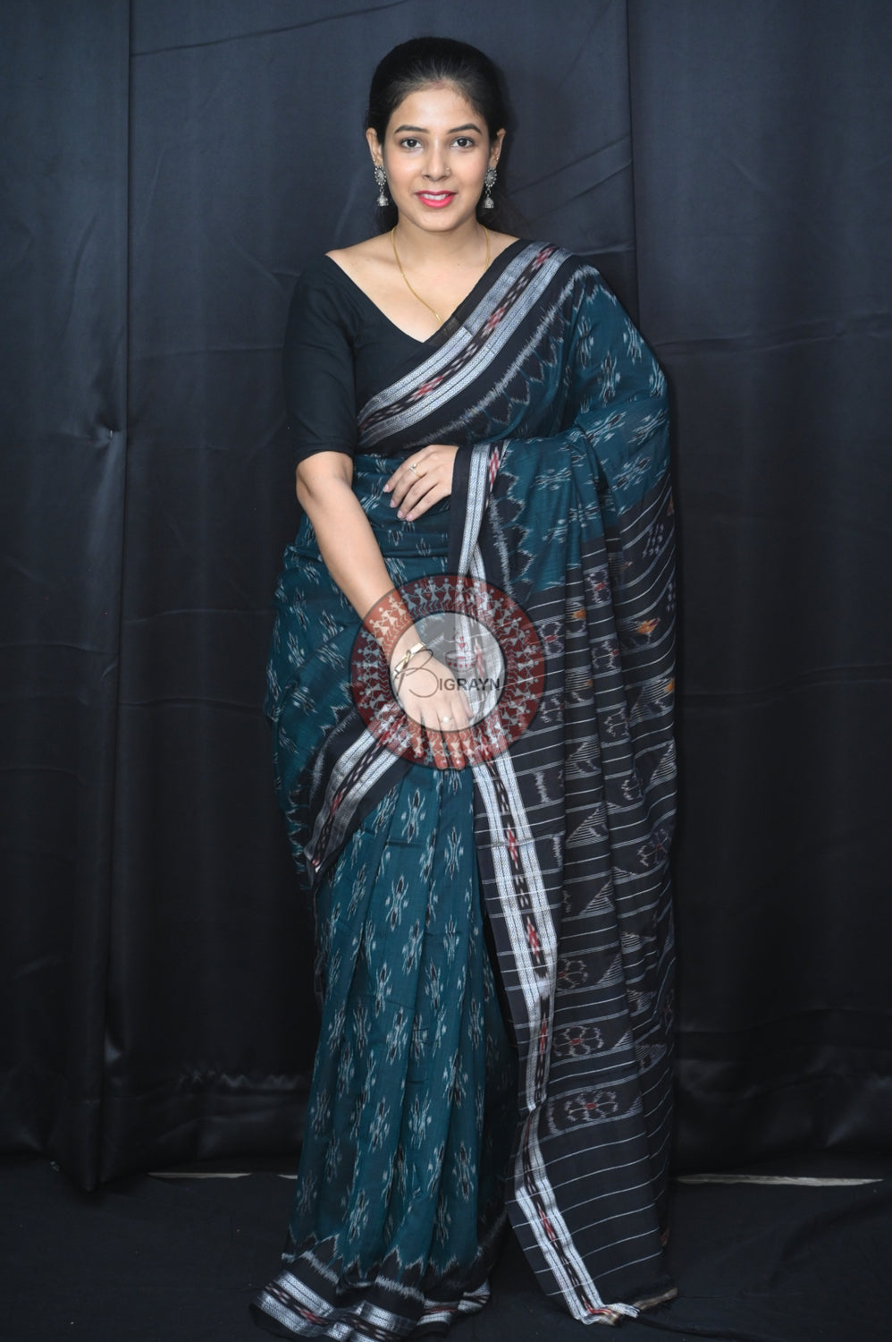 Green Black Body Bandha Khandua Cotton Saree