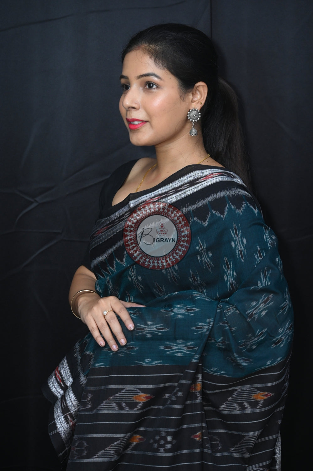 Green Black Body Bandha Khandua Cotton Saree