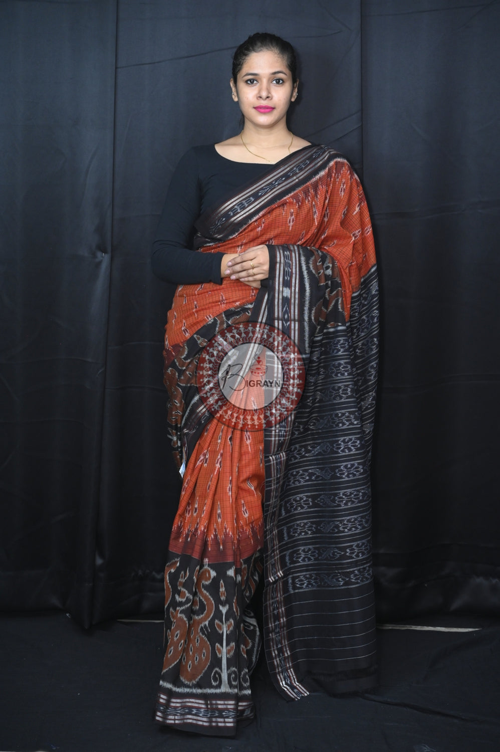 Brown Black Peacock Scot Khandua Cotton Saree