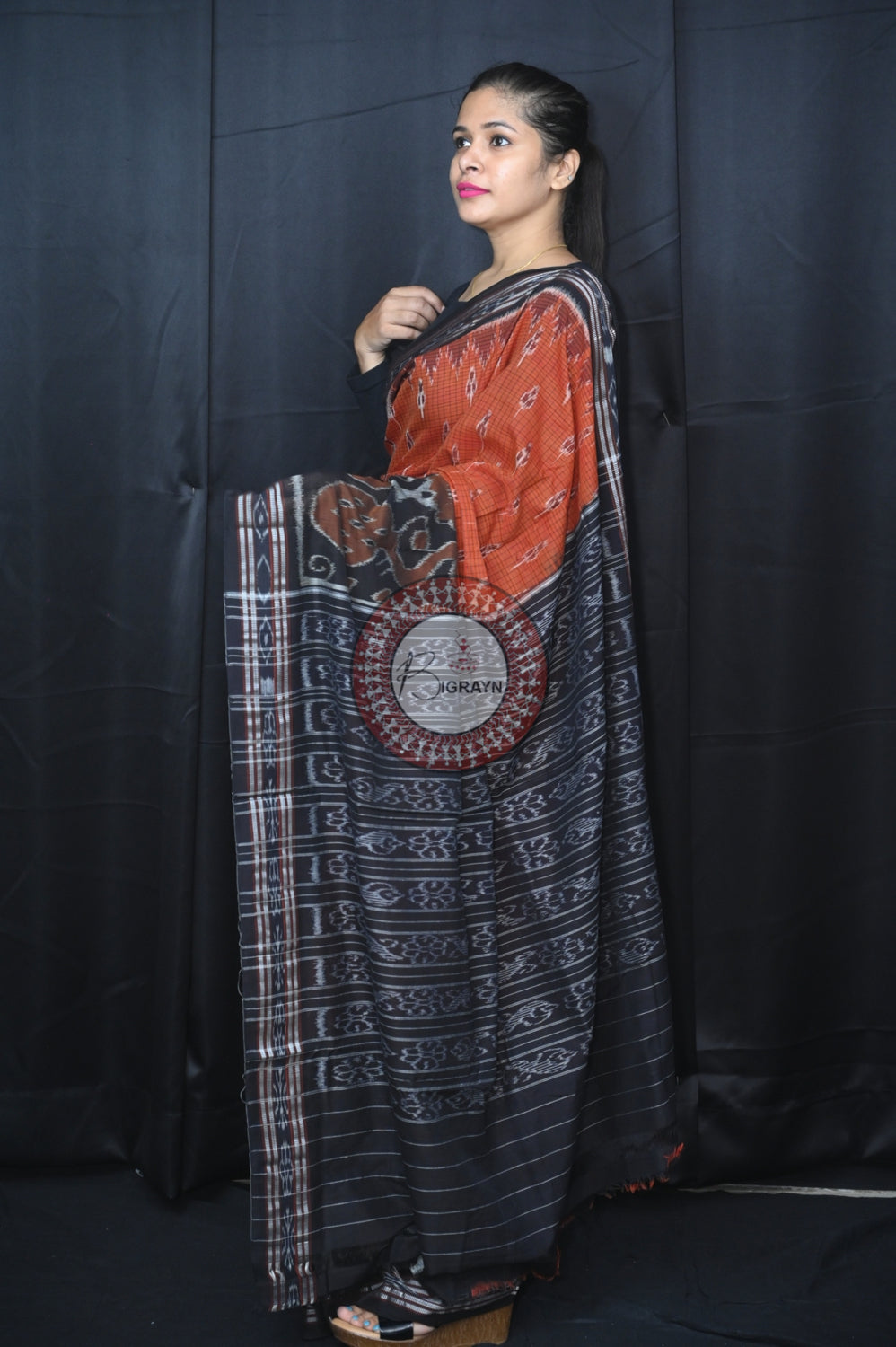 Brown Black Peacock Scot Khandua Cotton Saree