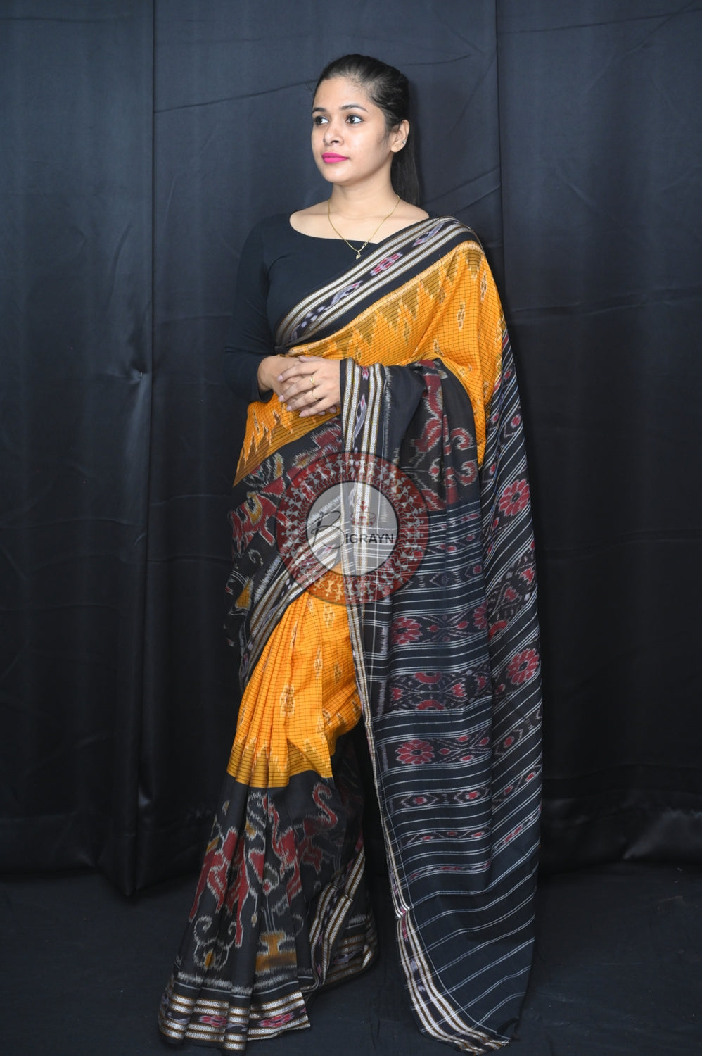 Yellow Black Elephant Scot Khandua Cotton Saree