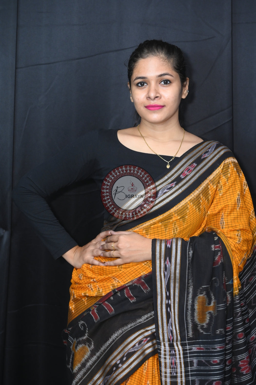 Yellow Black Elephant Scot Khandua Cotton Saree