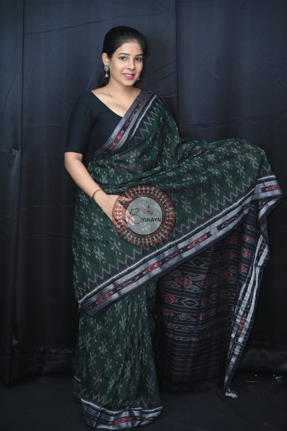 Leaf Green Black Body Bandha Khandua Cotton Saree