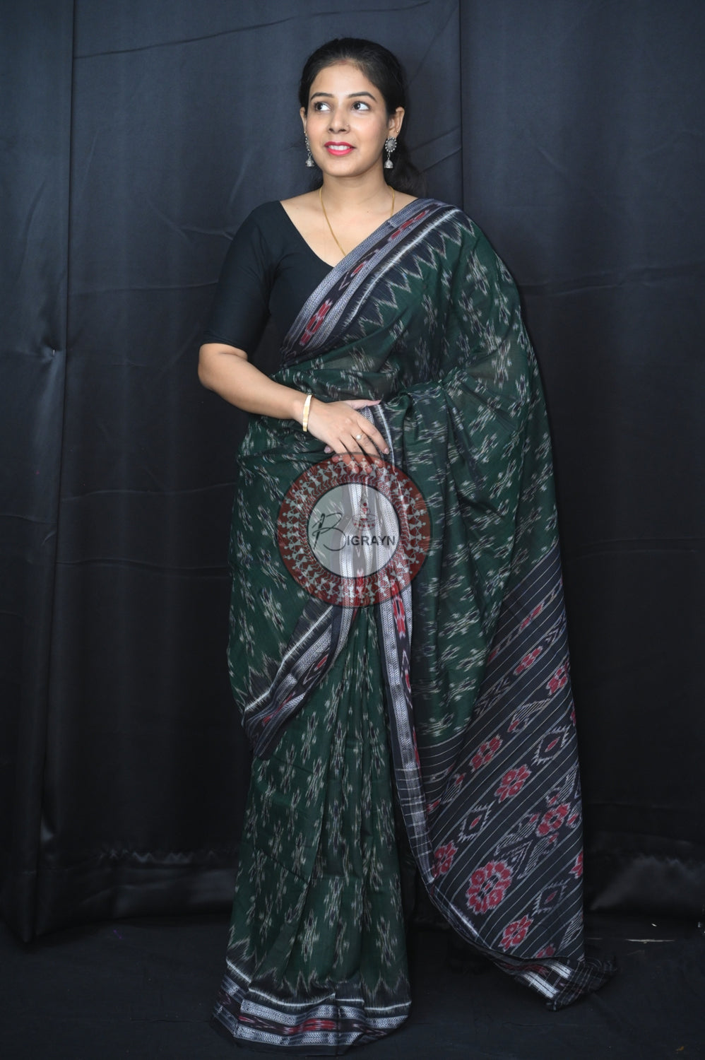 Leaf Green Black Body Bandha Khandua Cotton Saree