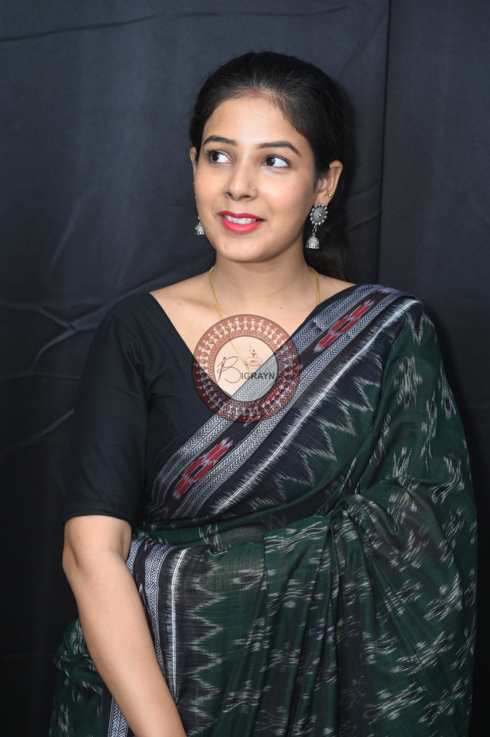 Leaf Green Black Body Bandha Khandua Cotton Saree