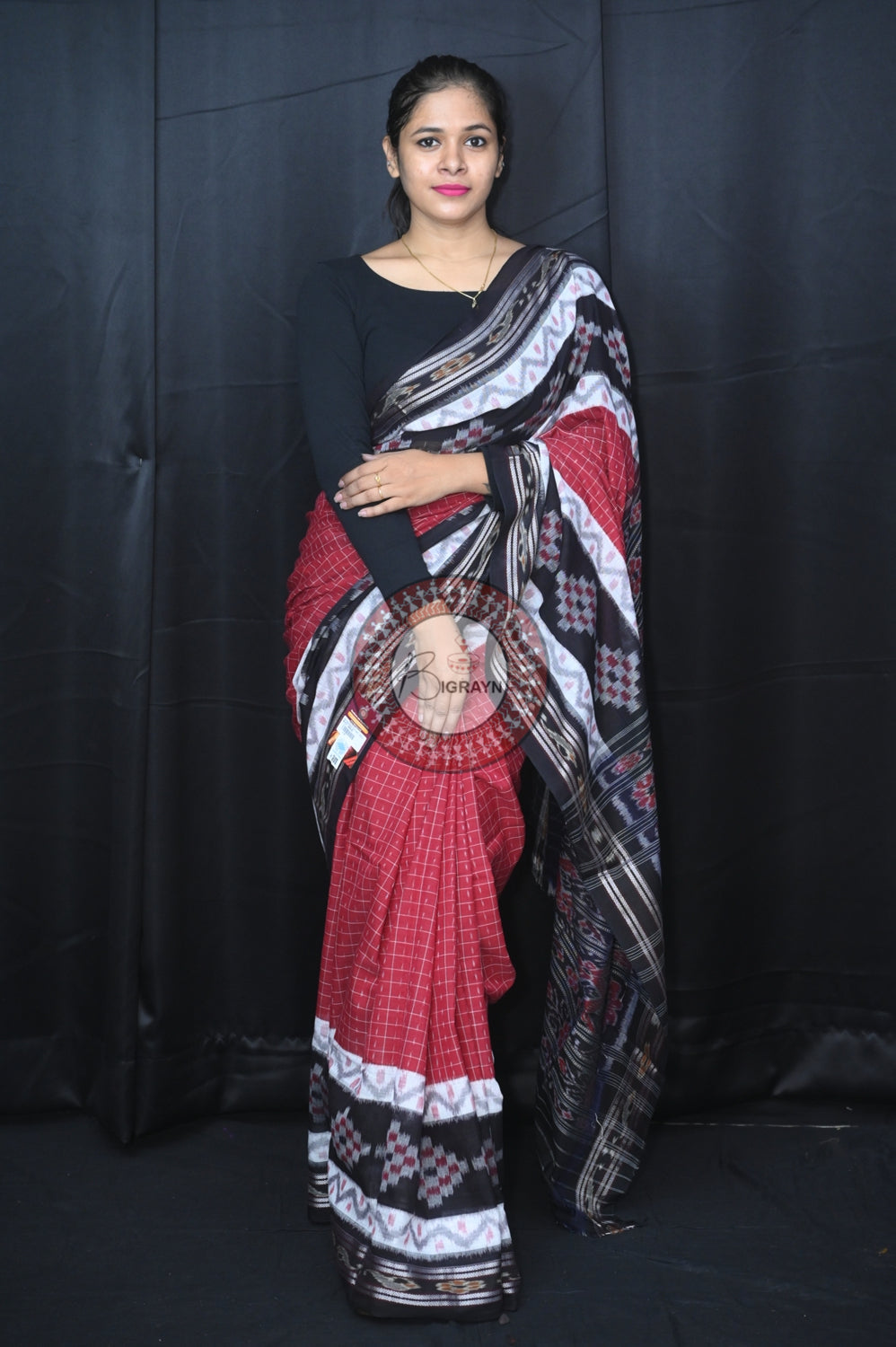Maroon Black Maniraja Khandua Cotton Saree