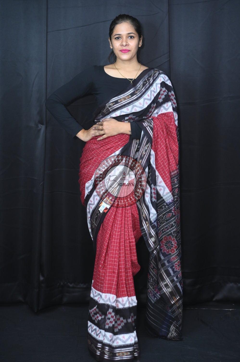 Maroon Black Maniraja Khandua Cotton Saree