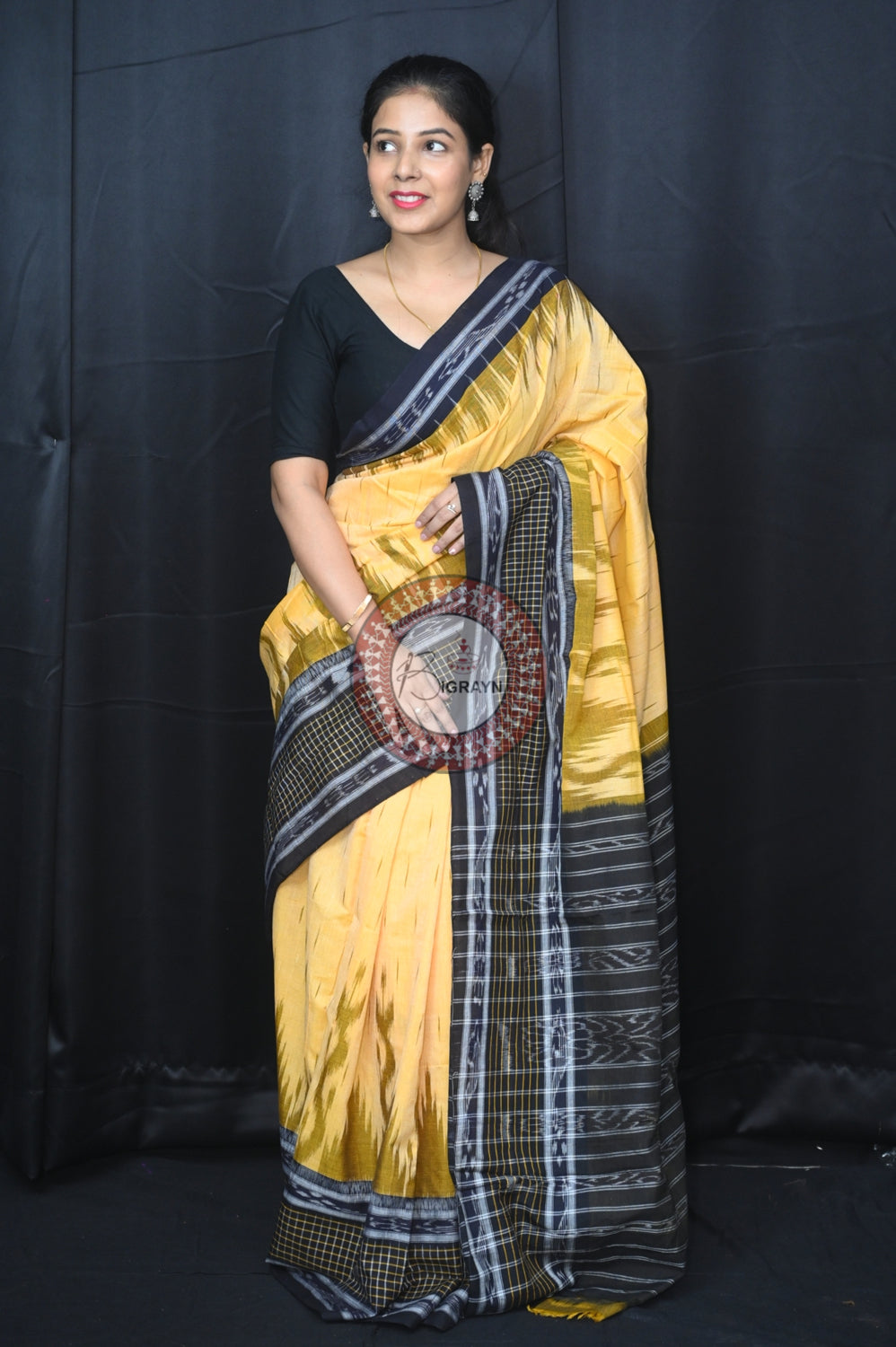 Cream Yellow Daali Scott Khandua Cotton Saree
