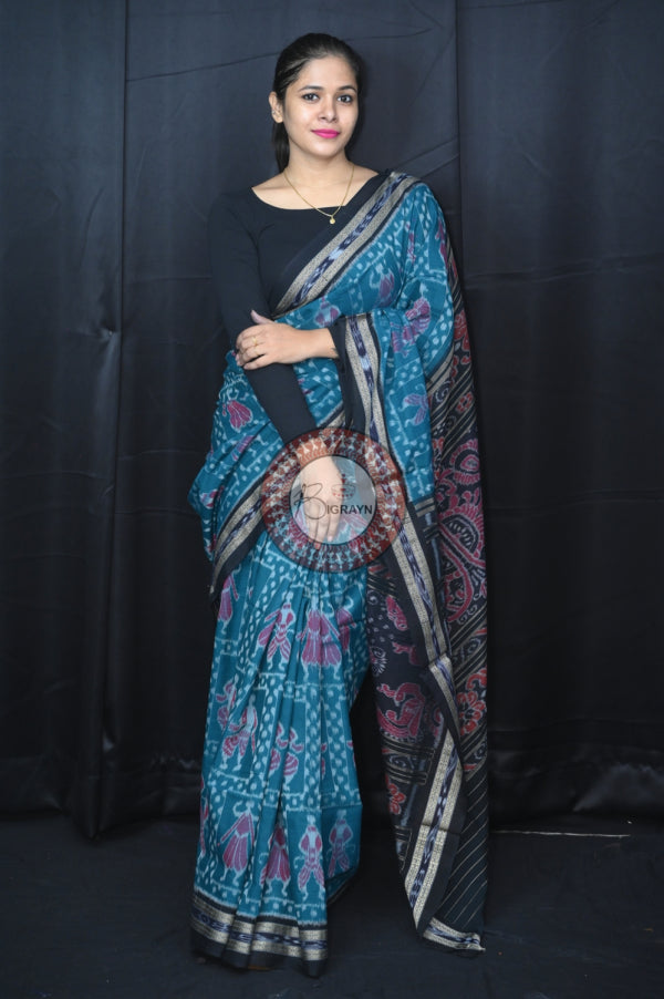Teal Green Black Special Tribal Khandua Cotton Saree