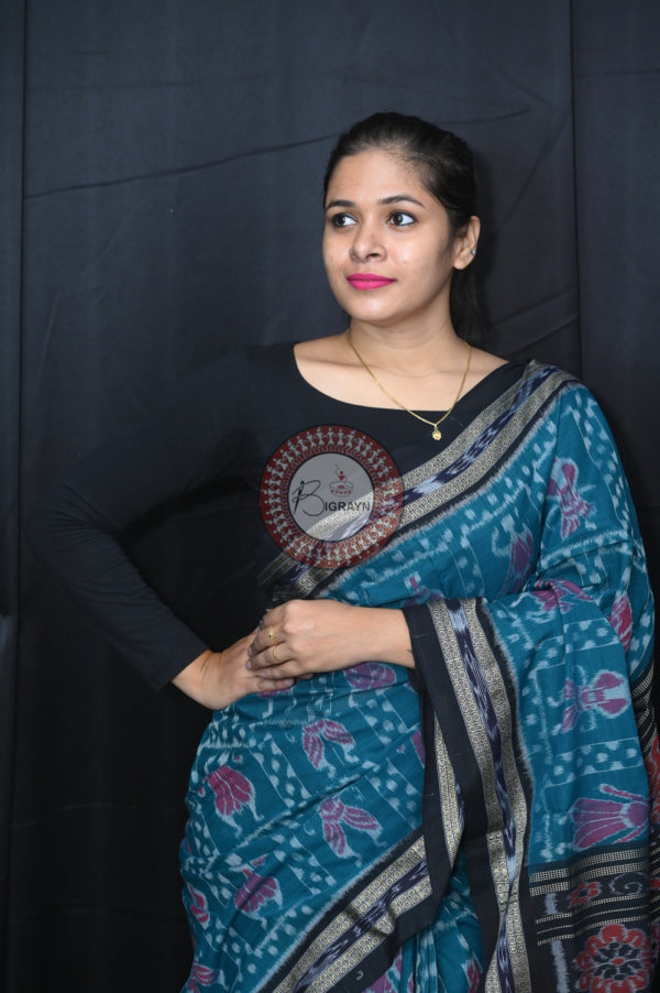 Teal Green Black Special Tribal Khandua Cotton Saree