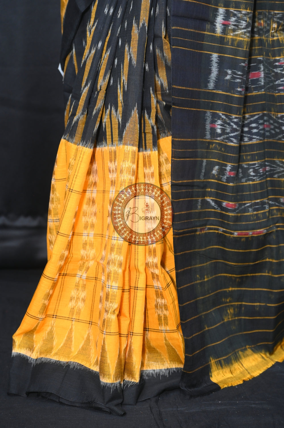 Yellow Black Scot Kargil Khandua Cotton Saree