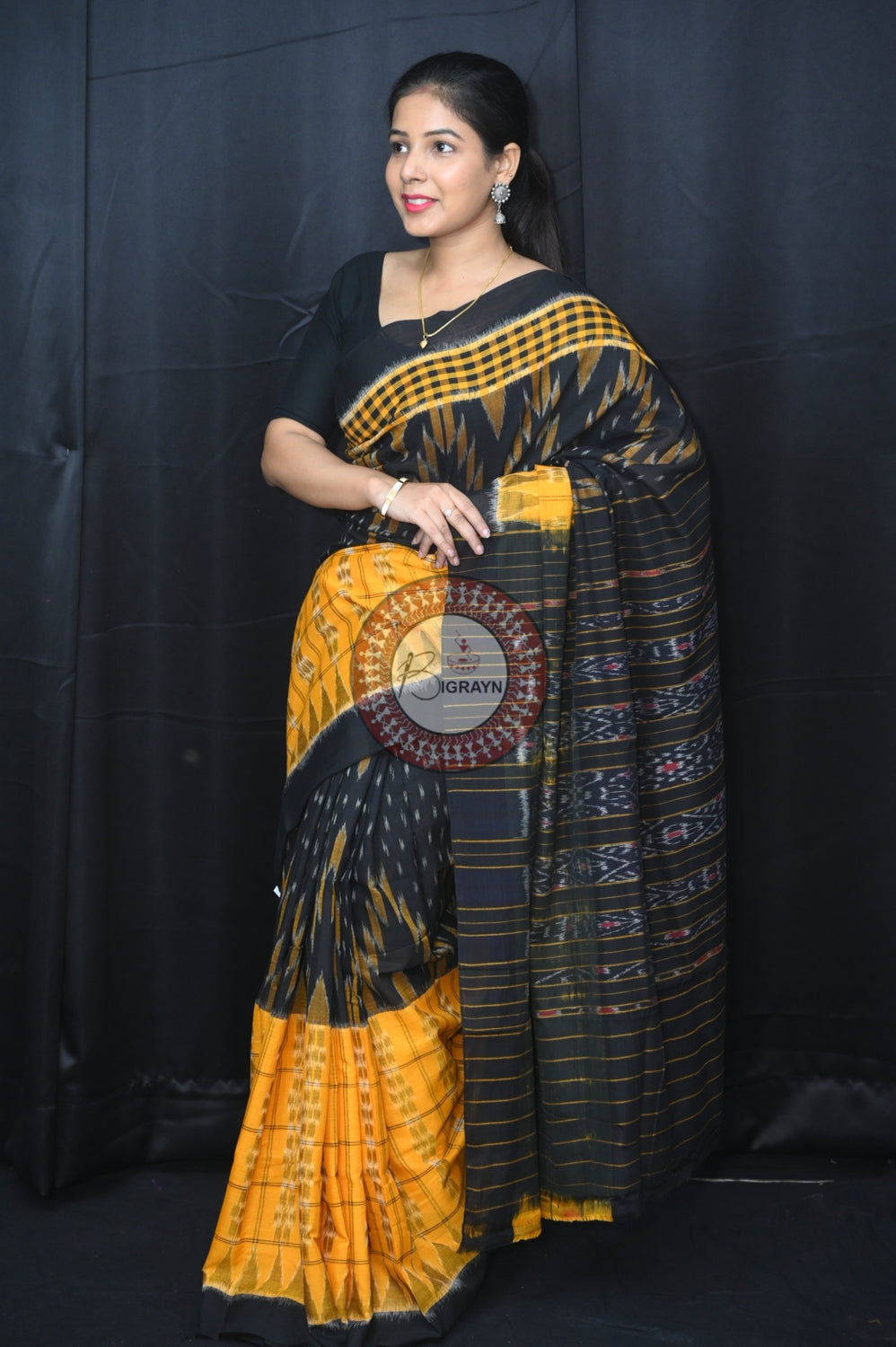 Yellow Black Scot Kargil Khandua Cotton Saree