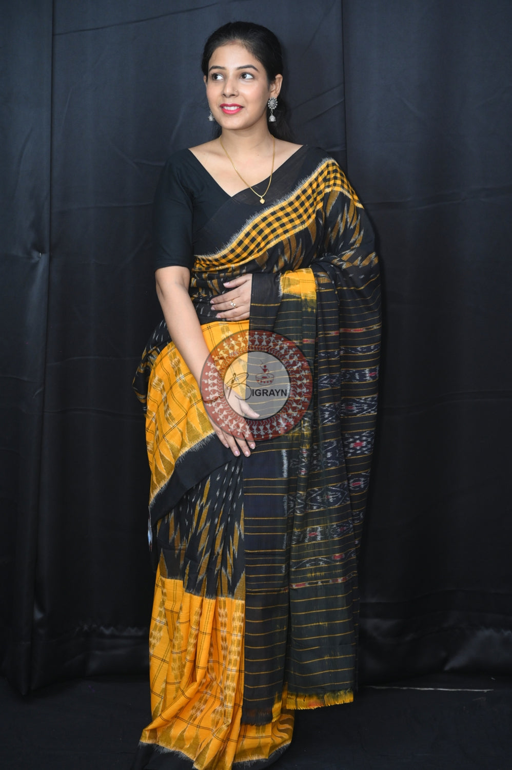 Yellow Black Scot Kargil Khandua Cotton Saree