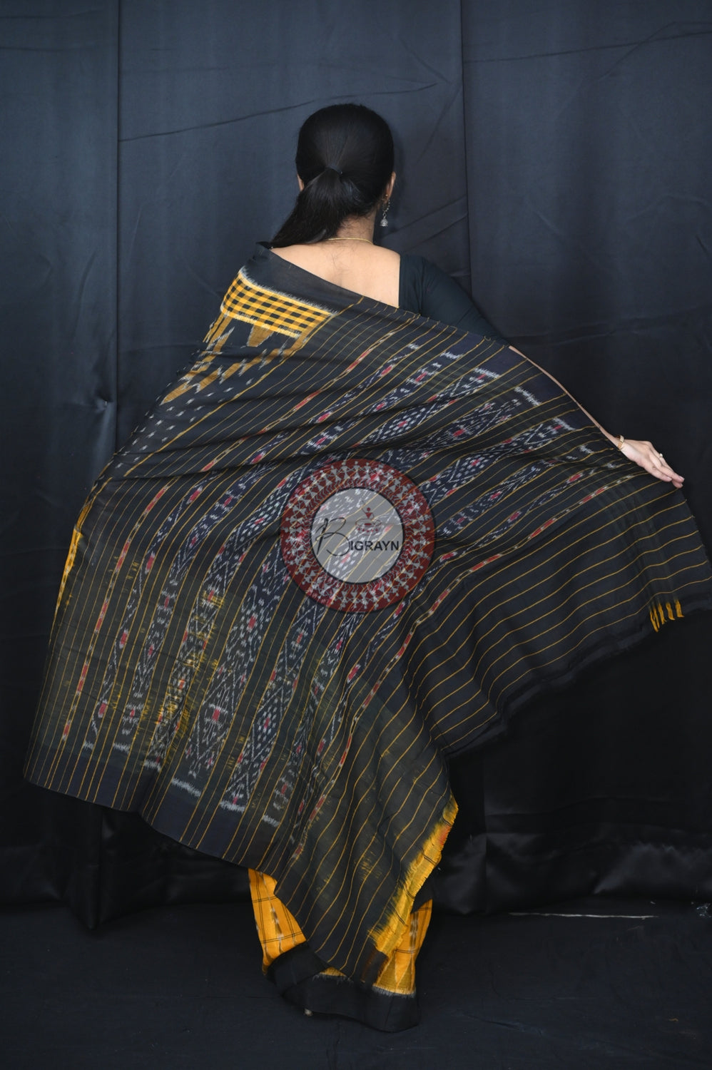 Yellow Black Scot Kargil Khandua Cotton Saree