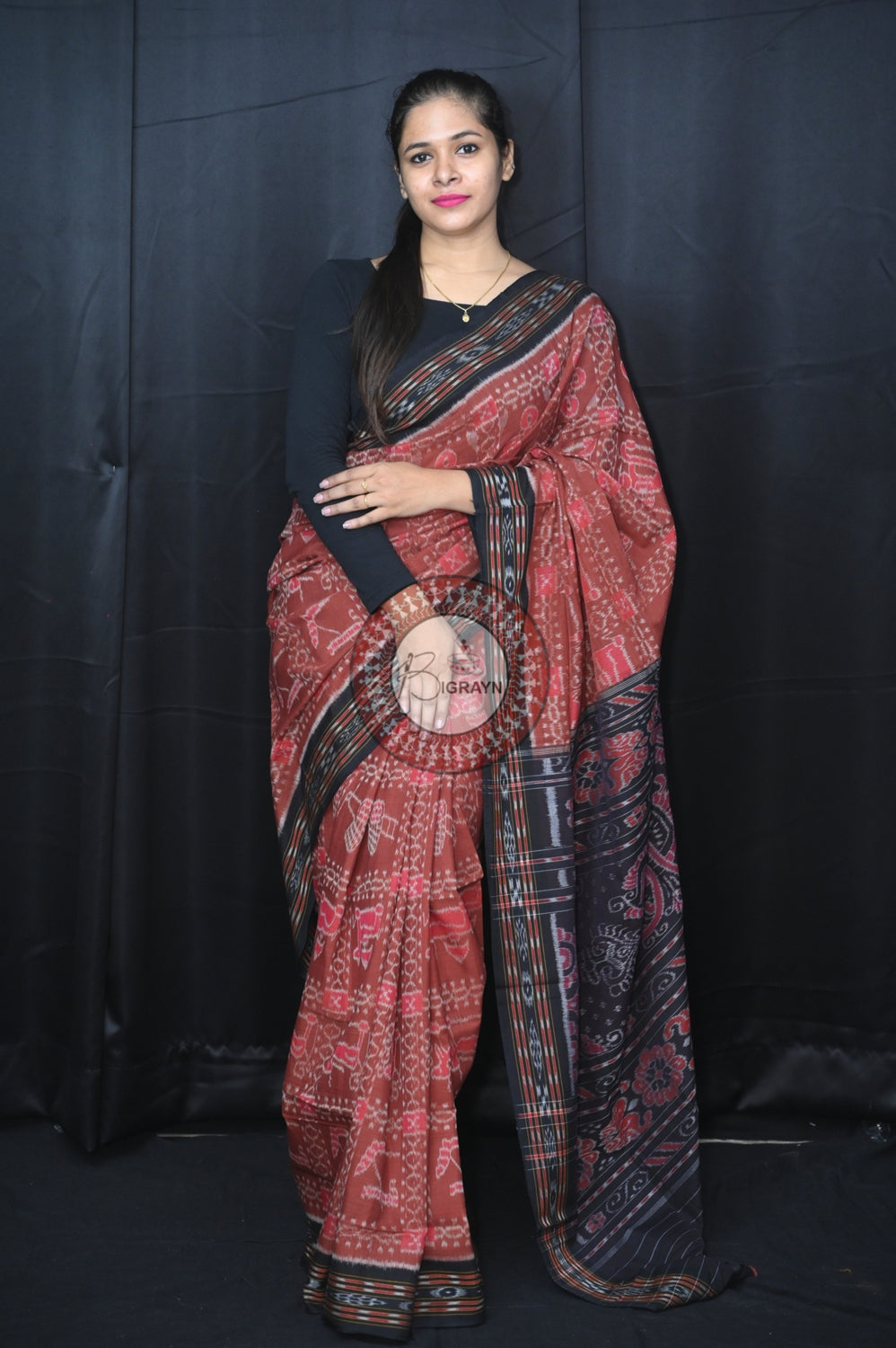Brown Black Special Tribal Khandua Cotton Saree