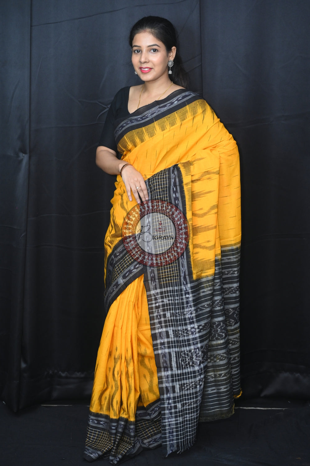 Yellow Black Daali Scott Khandua Cotton Saree